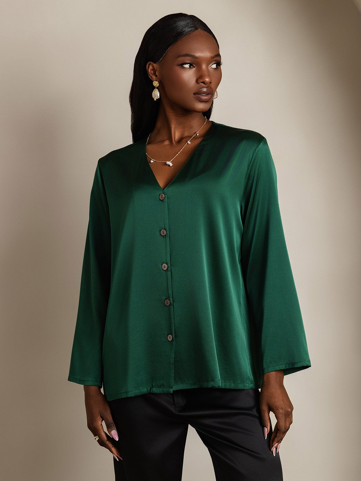 [Dark Green] SilkSilky  19Momme Silk V Neck Women's Shirt 005