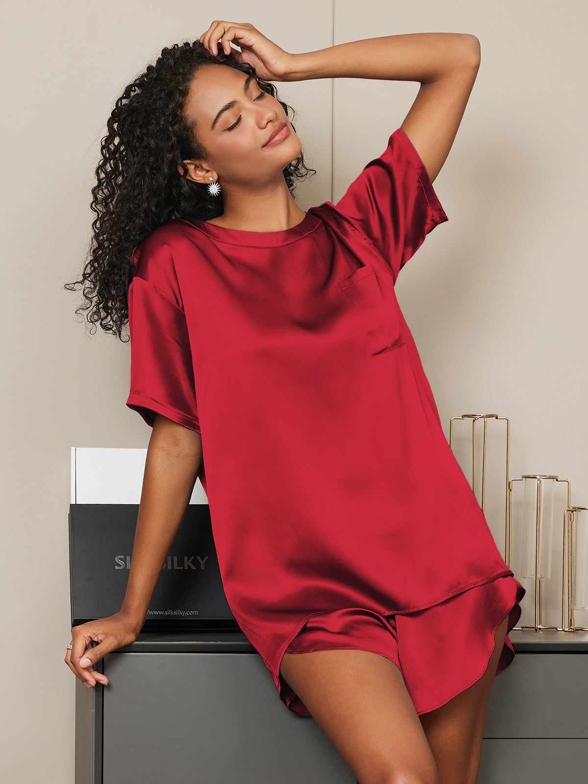[Wine] SilkSilky  Pure Silk Round Neck Women's Pajamas 005