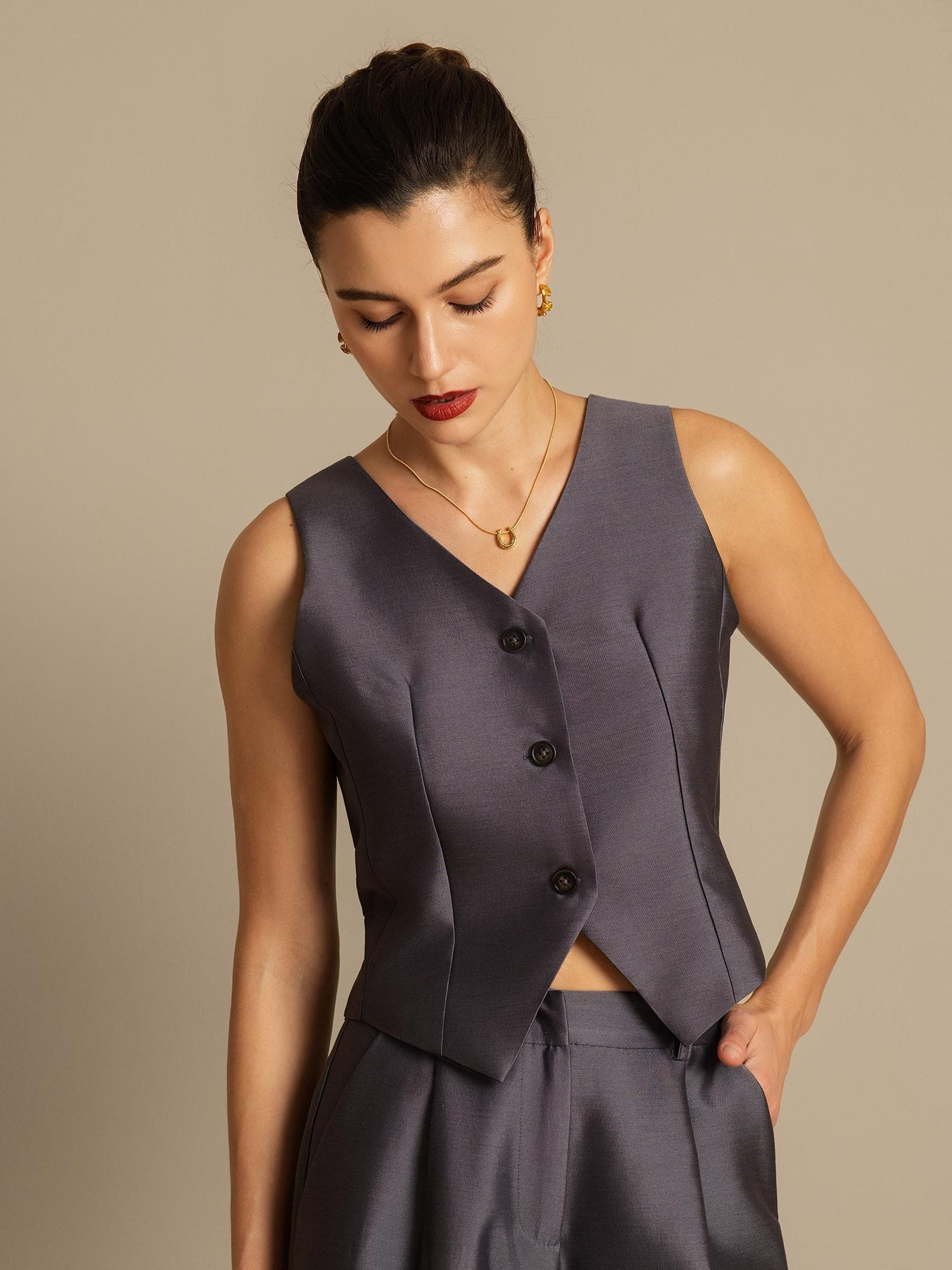 [Gray] SilkSilky 32Momme Silk V Neck Women's Vest 007