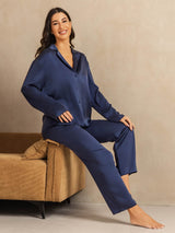 [Dark Blue] SilkSilky  19Momme Machine-Washable Silk Long Sleeve Notch Collar Women's Pajamas 008