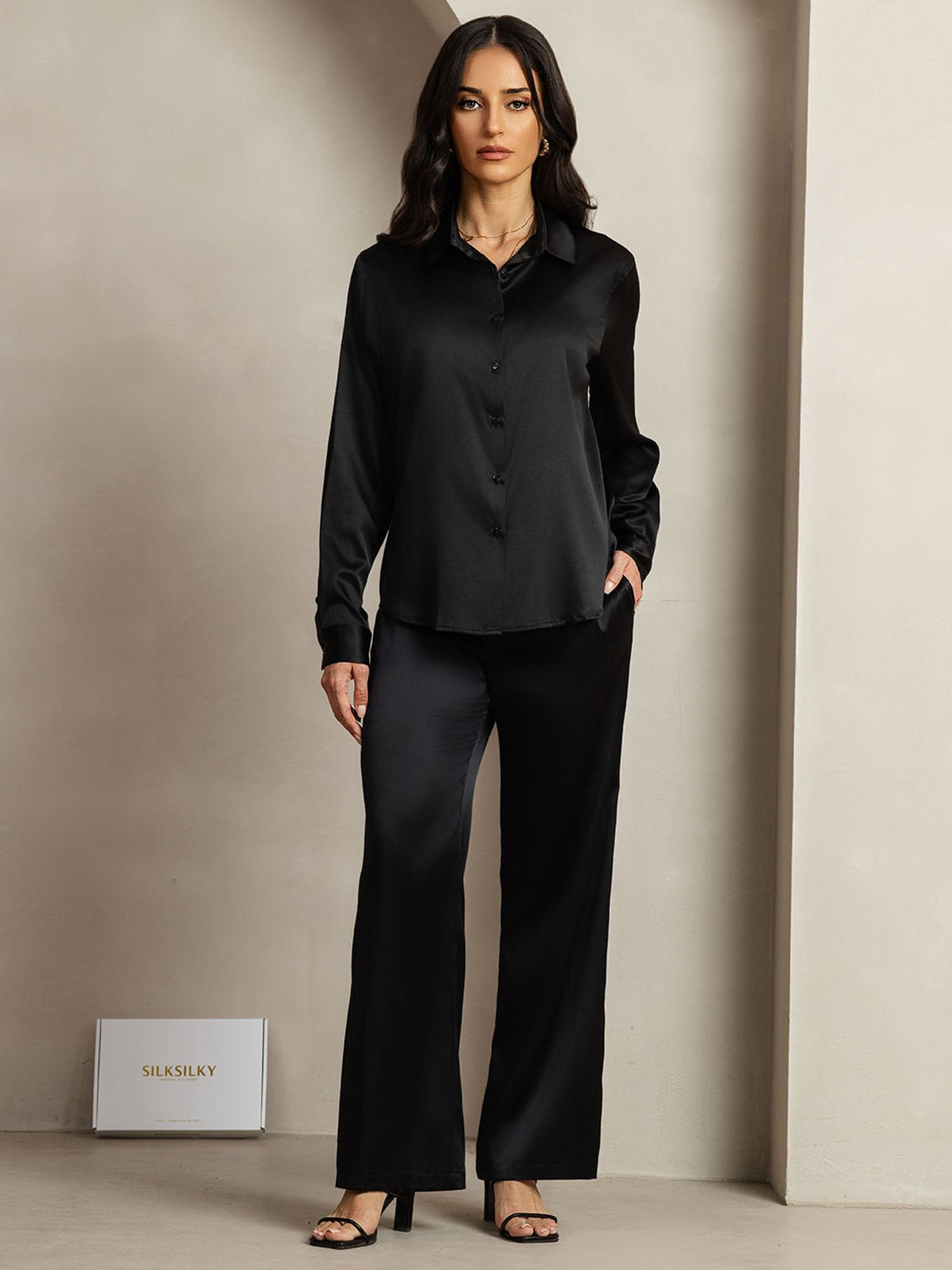 [Black] SilkSilky 19Momme Silk Lapel Collar Women''s Outfit Sets 001
