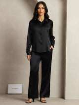 [Black] SilkSilky  19Momme Silk Lapel Collar Women''s Outfit Sets 001,