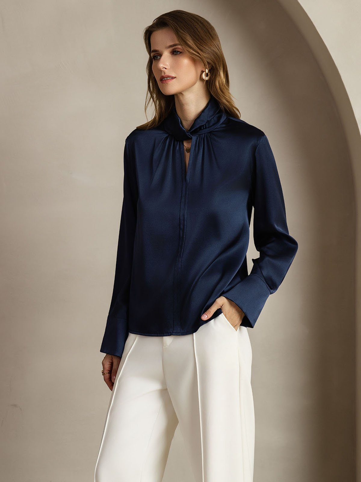 [DarkBlue] SilkSilky 19Momme Silk Keyhole Neck Women's Shirt 003