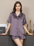 SilkSilky  Pure Silk Short Sleeve Lapel Women's Pajamas PurpleGray 003