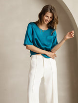 [Teal] SilkSilky  Pure Silk Half Sleeve Scoop Neck Women's T-Shirt 003