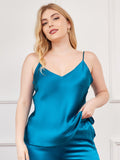 SilkSilky  Pure Silk Deep V Neck Plus Size Camisole Top Teal 001