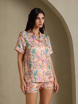 [Pink Fauna] SilkSilky Short Sleeve Notch Collar Women's Pajamas 003