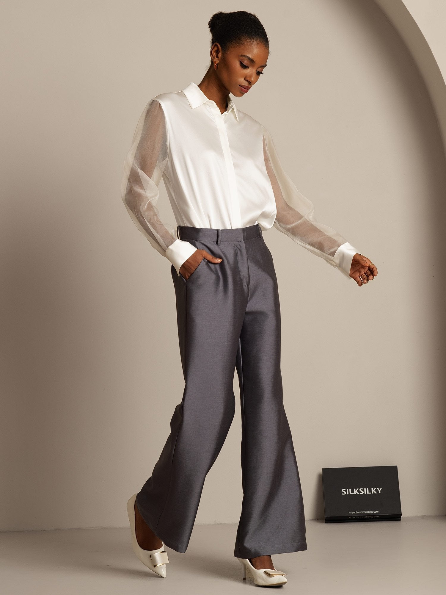 [Gray] SilkSilky  32Momme Silk Womens Pants 008,