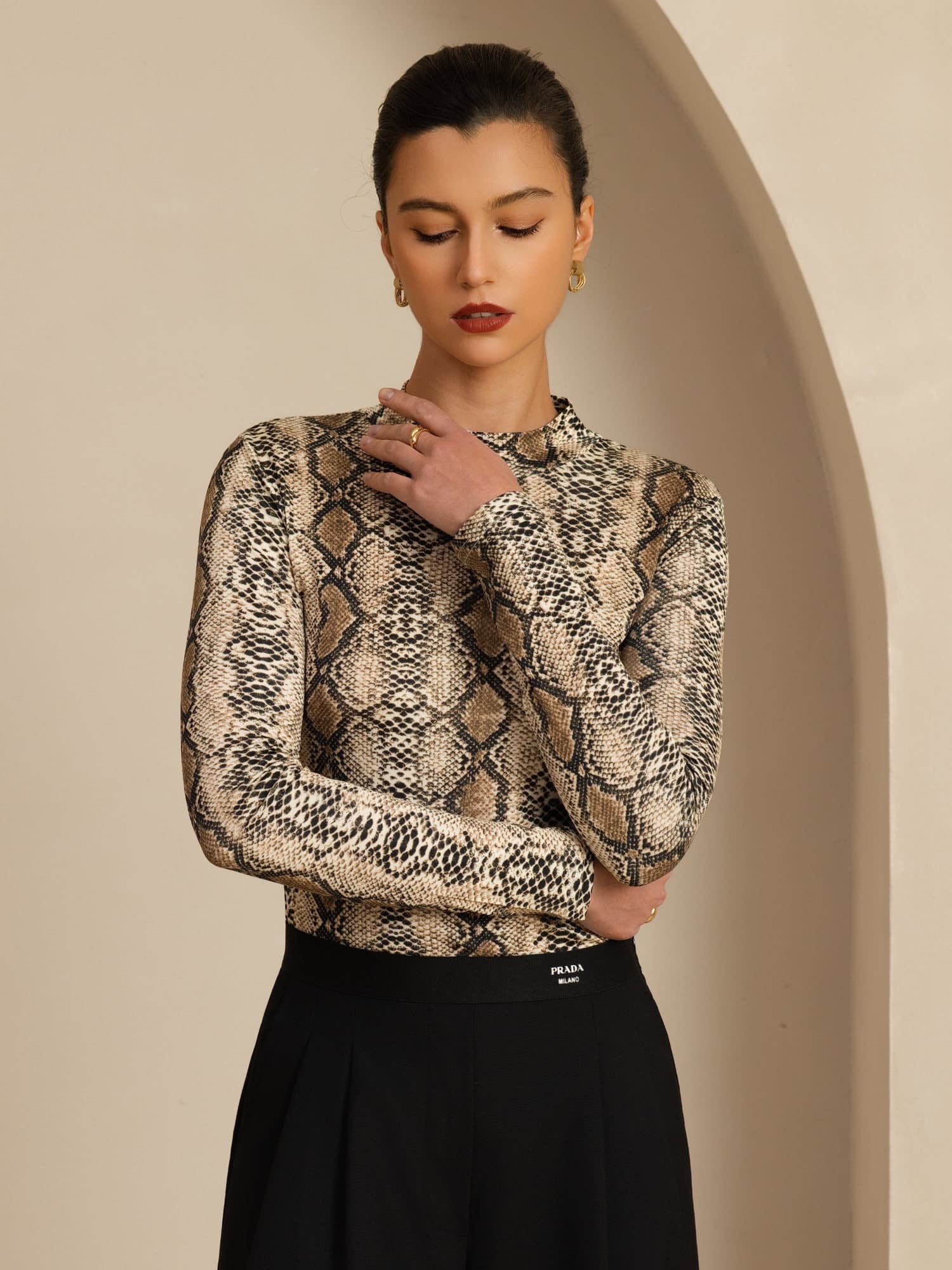 [Snakeskin] SilkSilky 100% Silk Jersey Long Sleeve Mock Neck Women's T-Shirt 005