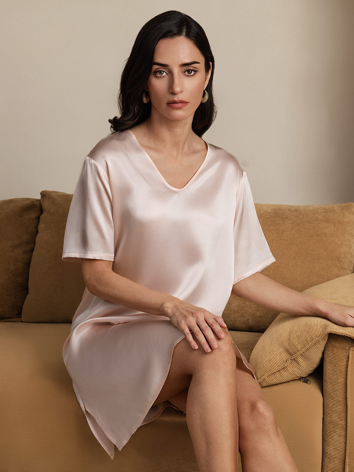 [Light Pink] SilkSilky  Pure Silk V Neck Nightgown 006