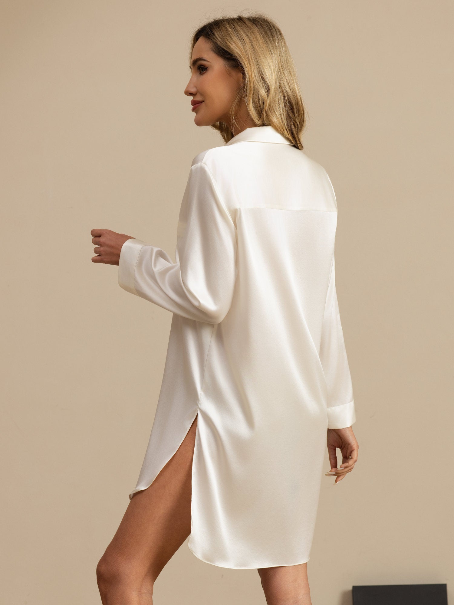 [White] SilkSilky  Long Sleeve Notch Collar Nightshirt 002