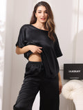 SilkSilky US Pure Silk Short Sleeve Round Neck Women's Pajamas Black 003