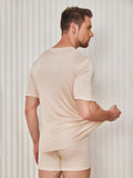 SilkSilky  Silk Knitted Short Sleeve V Neck Men's T-Shirt Beige 002