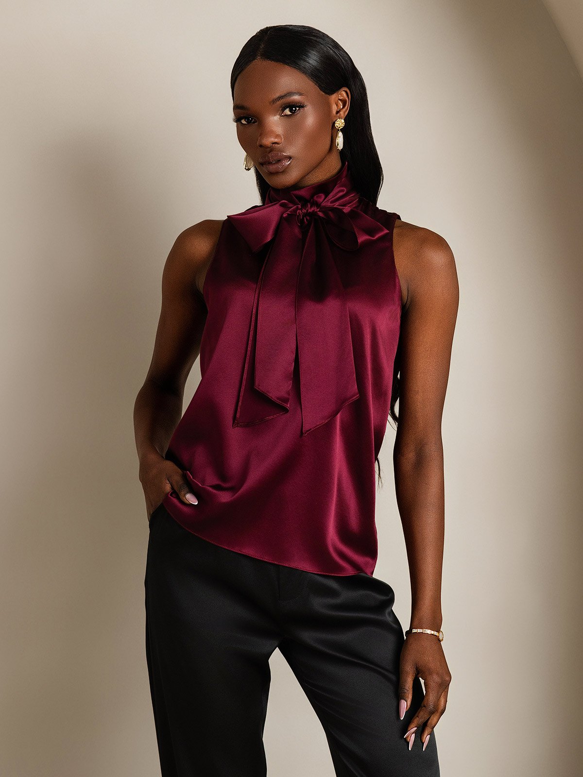 SilkSilky 19Momme Silk Tie Neck Women's Shirt DarkRed 005