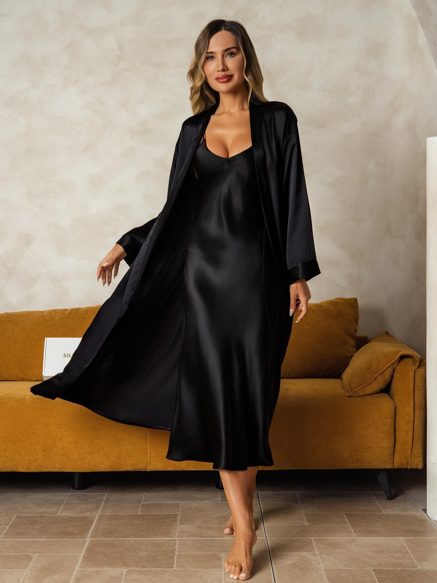 [Black] SilkSilky Pure Silk Wrap Nightgown&Robe Set 001