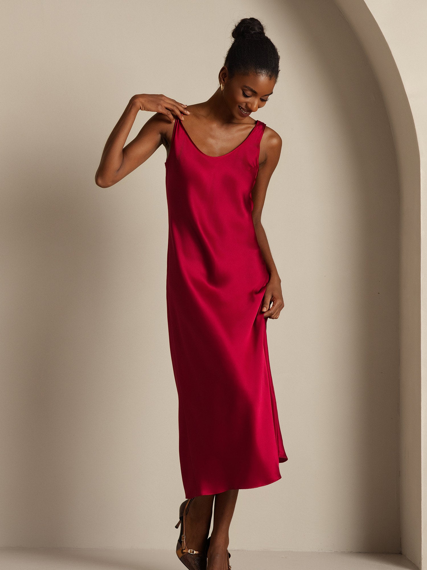 [Wine] SilkSilky  Pure Silk Boat Neck Dress 005,