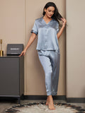 SilkSilky US Pure Silk Short Sleeve Lapel Women's Pajamas SteelBlue 003