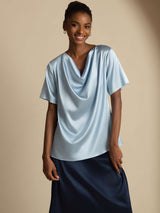 [Grayish Blue] SilkSilky  Short Sleeve Cowl Neck Blouse 004