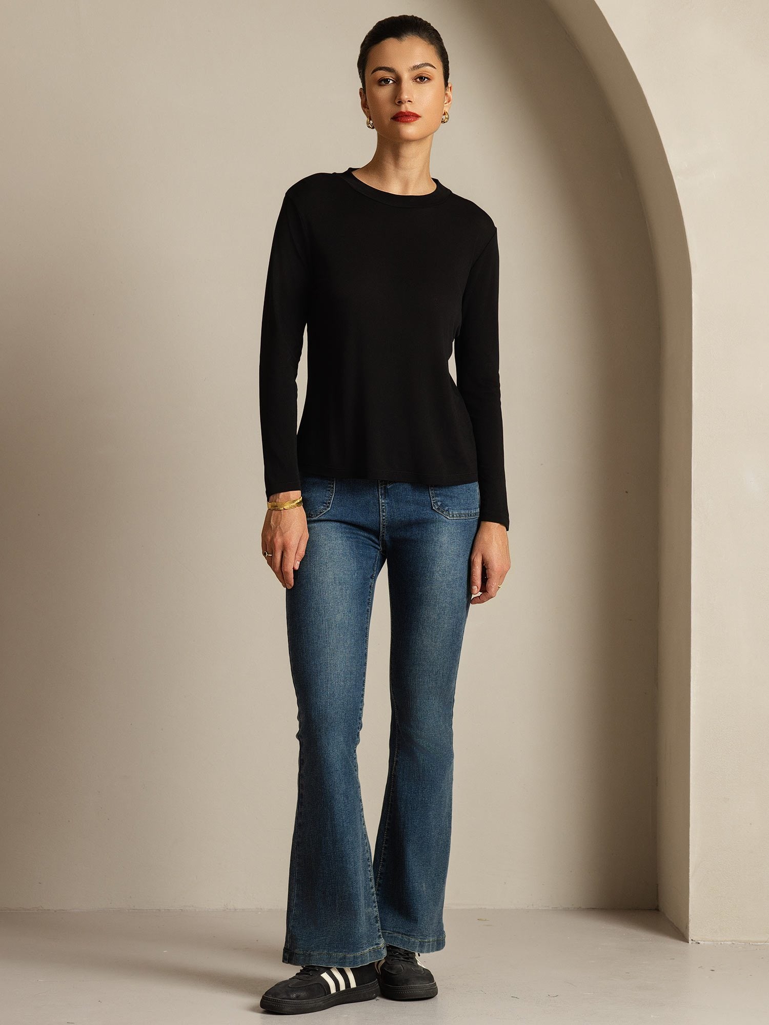 [Black] SilkSilky Pure Silk Round Neck Women's T-Shirt 004