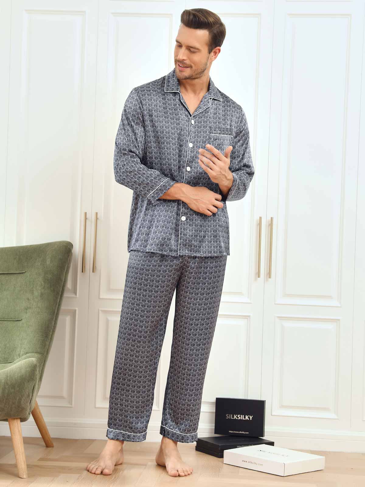 [Navy Ginkgo] SilkSilky  19Momme Pure Silk Mens Pajamas 007