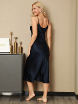 [Dark Blue] SilkSilky  Spaghetti Strap V Neck Nightgown 002