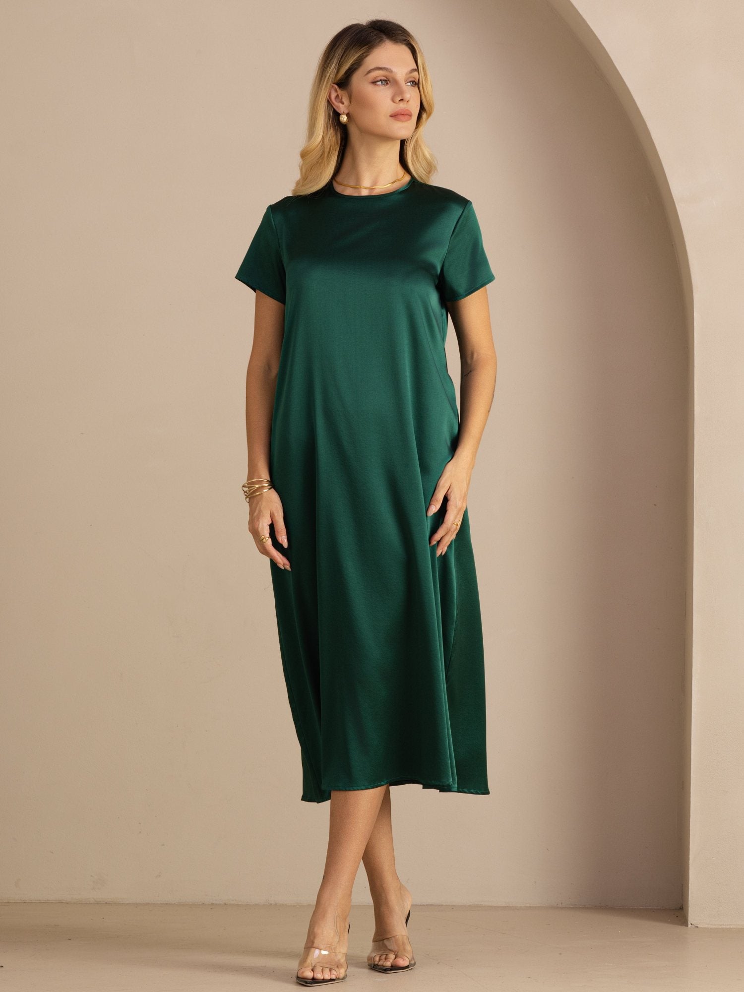 short sleeve silk dress Cowl Flutter Satin Bridesmaid SilkSilky 19Momme Silk Short Sleeve