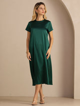[Dark Green] SilkSilky Short Sleeve Round Neck Dress 005