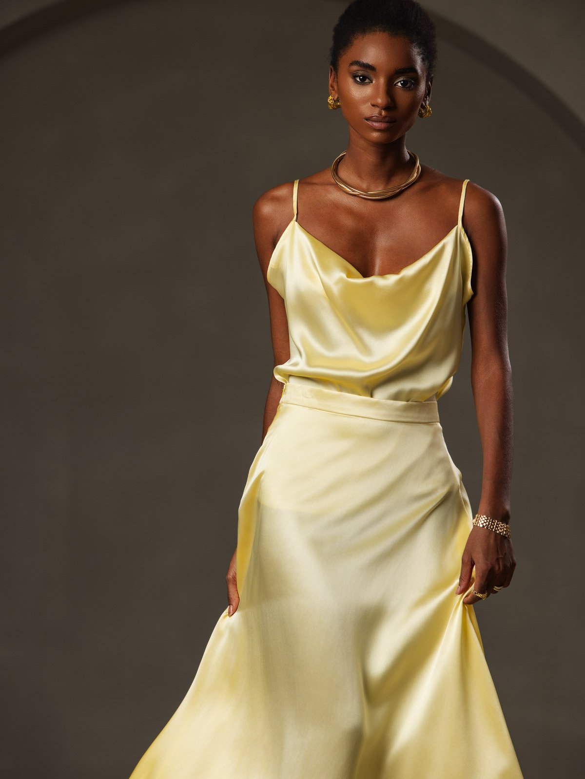 [Yellow] SilkSilky  19Momme Silk Cowl Neck Camisole Top 003