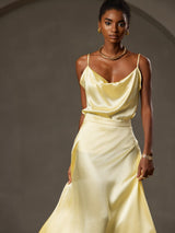 [Yellow] SilkSilky  19Momme Stretch Silk Charmeuse Spaghetti Strap Cowl Neck Camisole Top 003