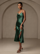 [Dark Green] SilkSilky  Spaghetti Strap Cowl Neck Dress 007