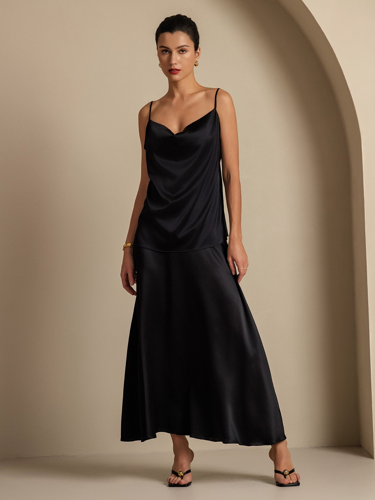 [Black] SilkSilky  19Momme Silk Cowl Neck Women''s Outfit Sets 007,