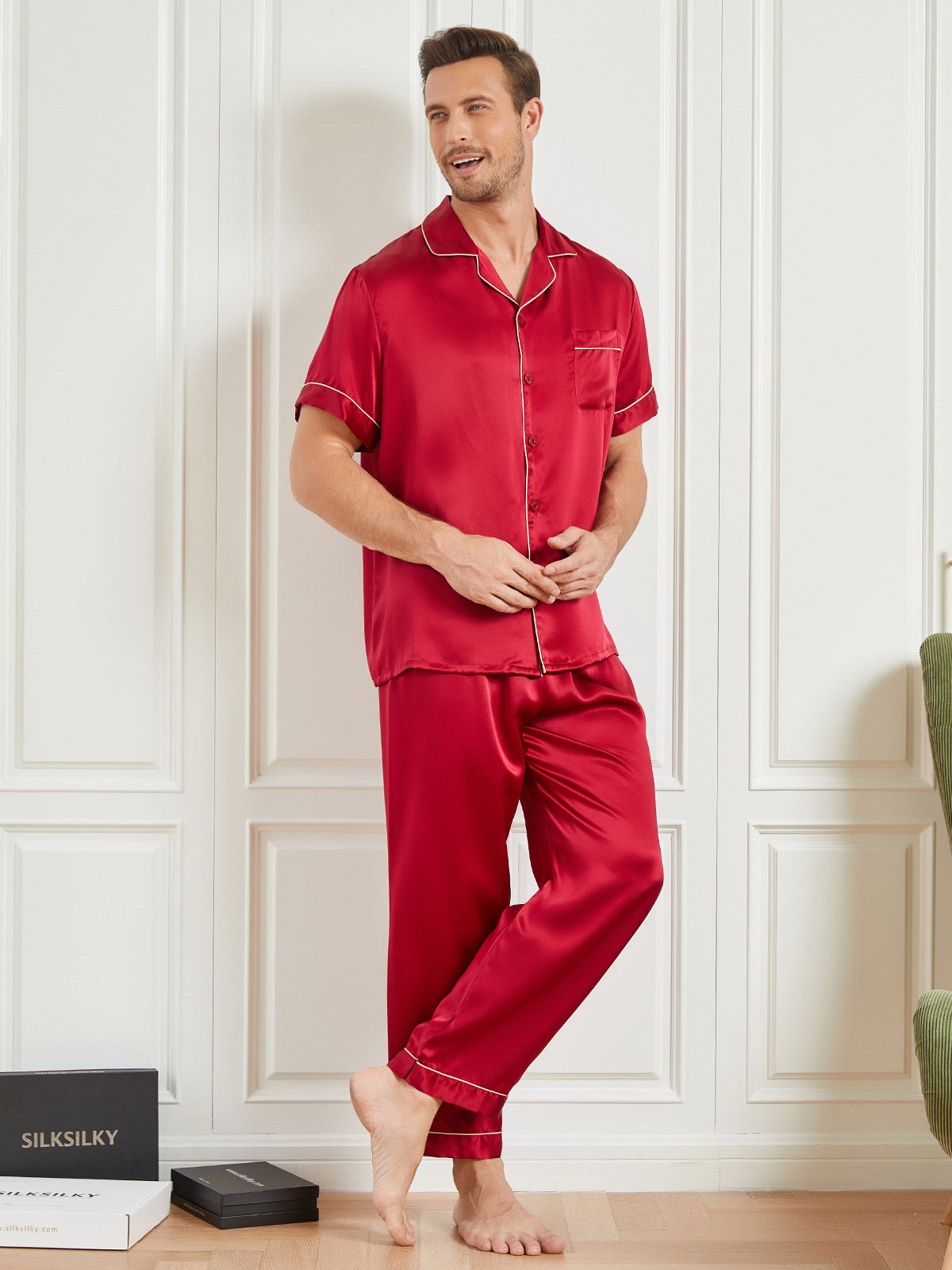 [Red] SilkSilky  19Momme Short Sleeve Men's Pajamas 006