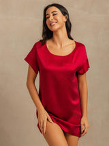 [Wine] SilkSilky  19Momme Machine-Washable Silk Short Sleeve Round Neck Nightgown 003