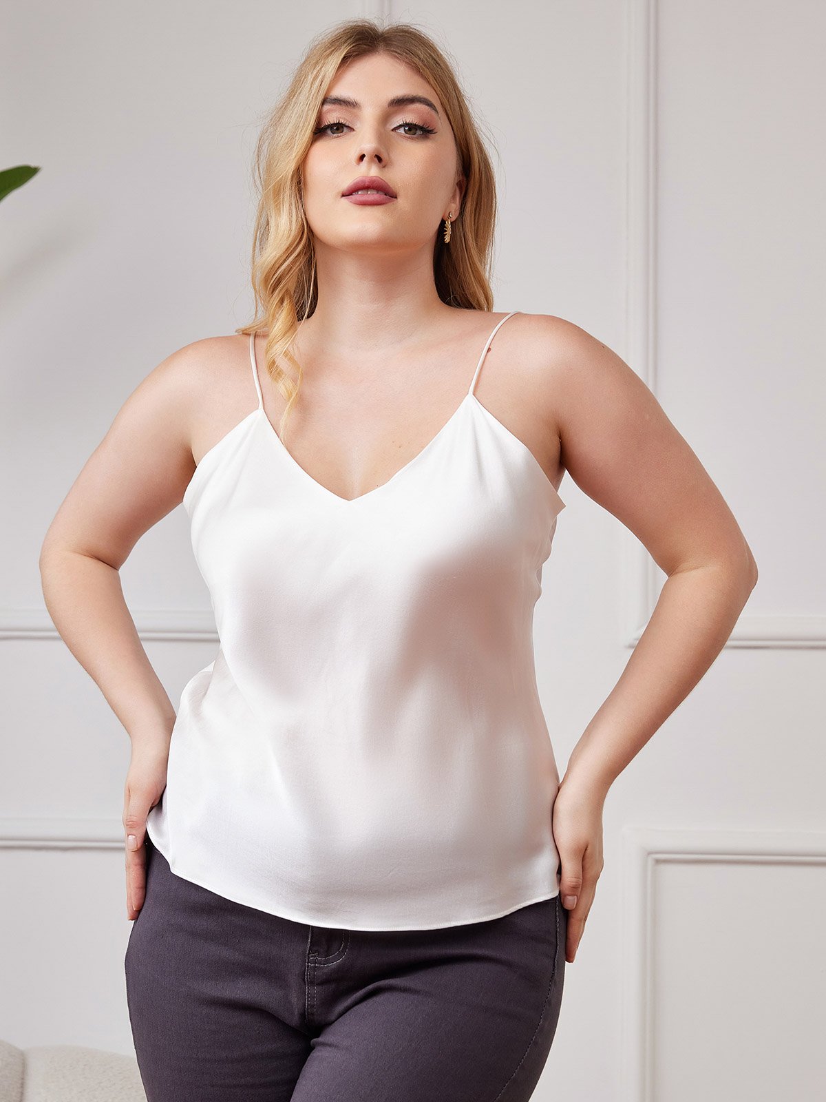 SilkSilky  Pure Silk Deep V Neck Plus Size Camisole Top White 004