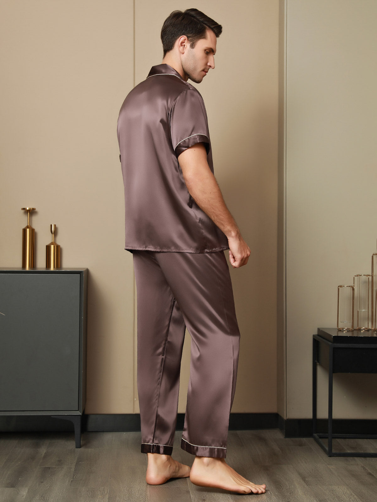 SilkSilky  Pure Silk Short Sleeve Lapel Men's Pajamas Coffee 002