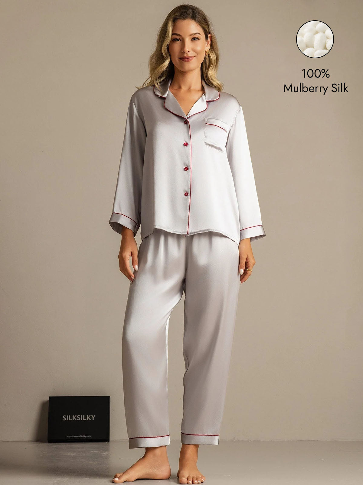[Silver] SilkSilky  Silk Long Sleeve Notch Collar Women's Pajamas 001