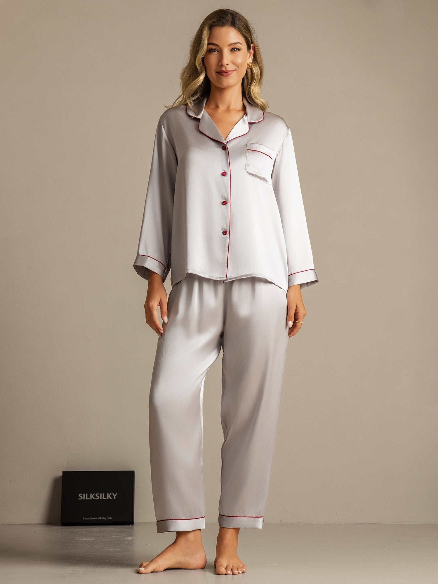 [Silver] SilkSilky  Long Sleeve Notch Collar Women's Pajamas 001