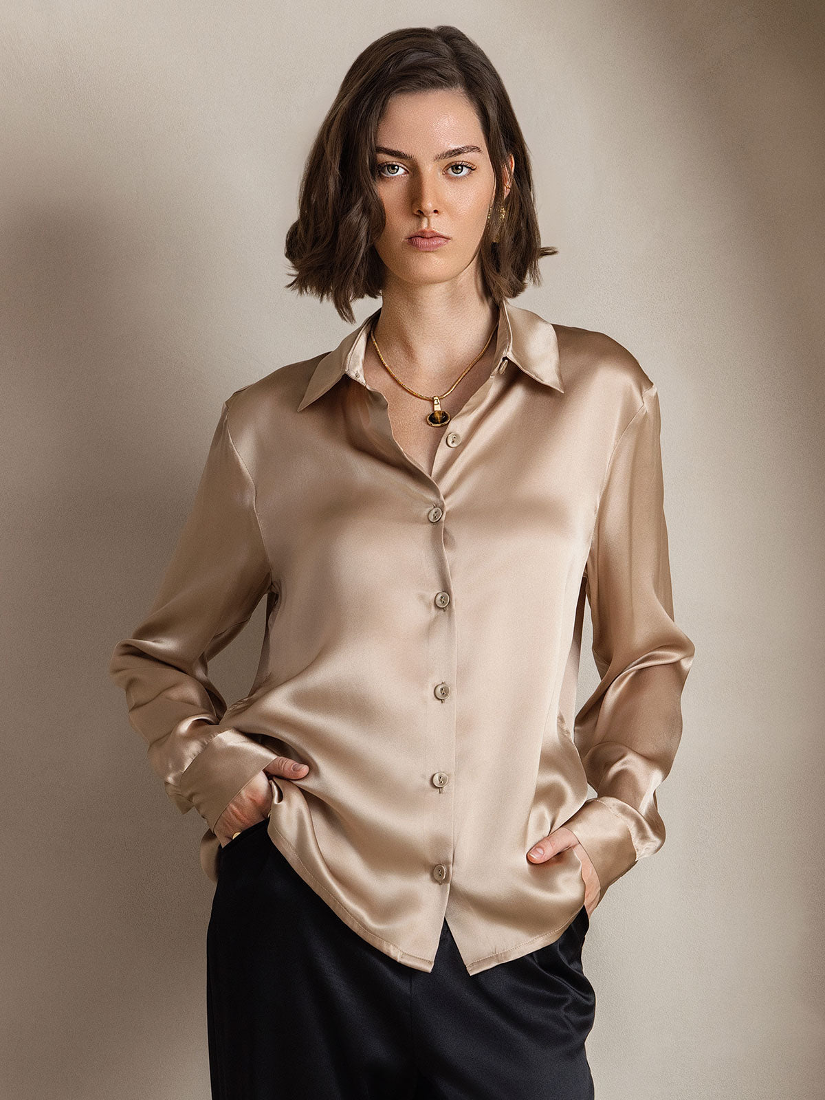 [Champagne] SilkSilky  Silk Long Sleeve Lapel Collar Women's Shirt 001