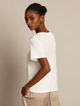 [White] SilkSilky  100% Silk Jersey Short Sleeve Round Neck Women's T-Shirt 002