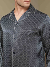 [Navy Ginkgo] SilkSilky  19Momme Long Sleeve Notch Collar Men's Pajamas 017