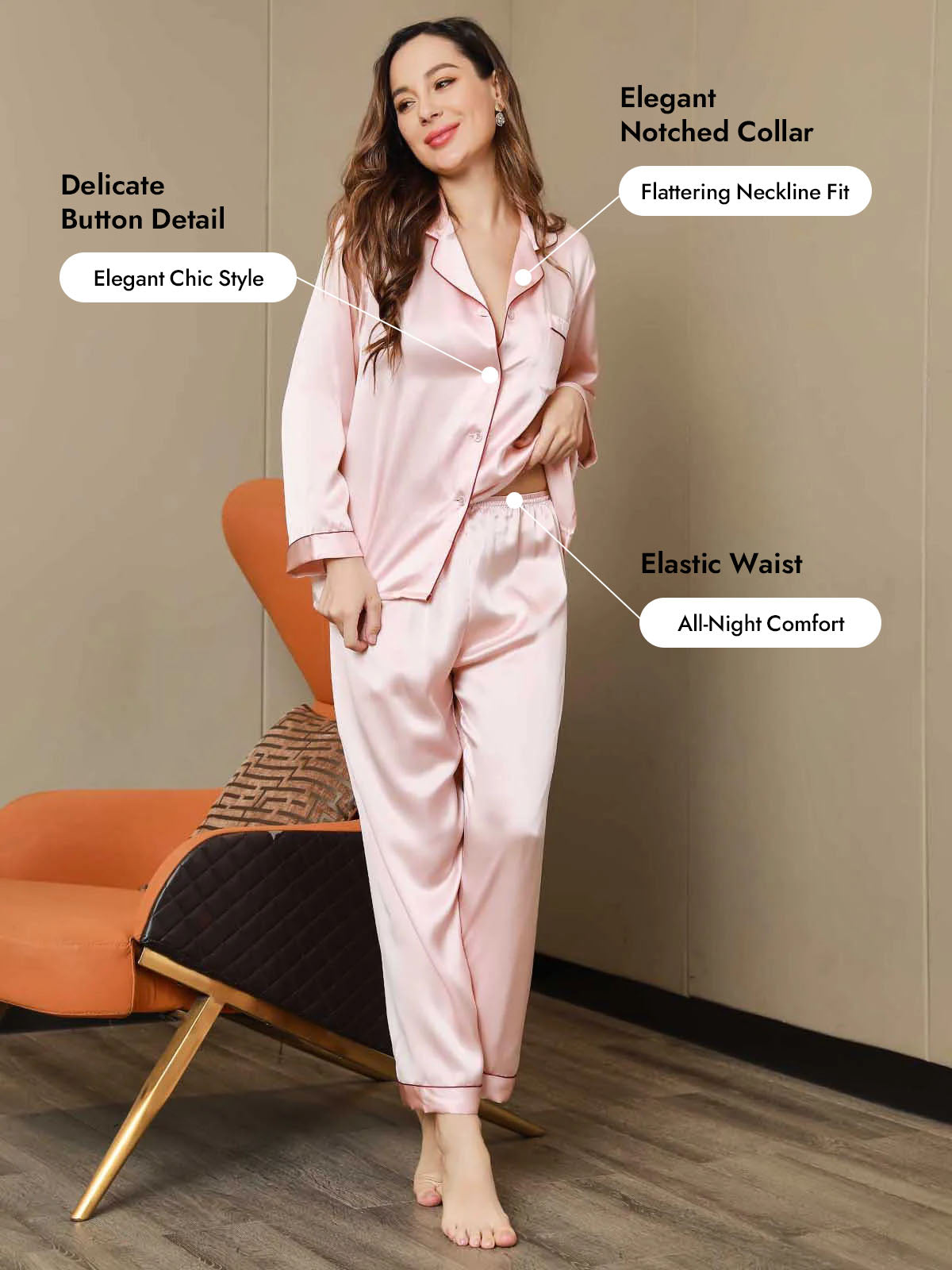 [Pink] SilkSilky  Silk Long Sleeve Notch Collar Women's Pajamas 005