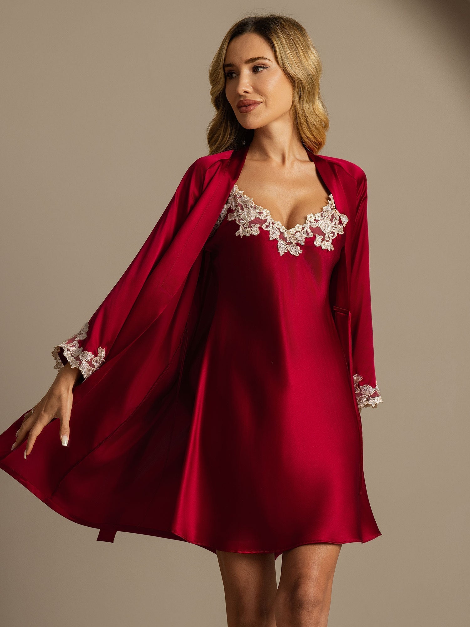 [Wine] SilkSilky  Pure Silk V Neck Nightgown&Robe Set 001,