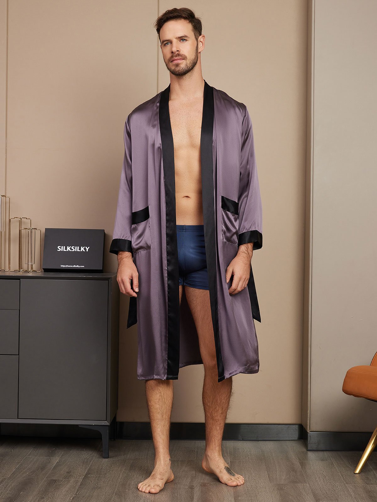 SilkSilky US Pure Silk Long Sleeve Mens Robe PurpleGray 003