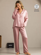 [Peach Skin] SilkSilky  19Momme Machine-Washable Silk Long Sleeve Notch Collar Women's Pajamas 001