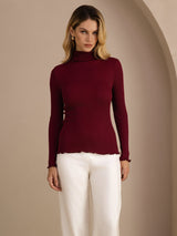 [Wine] SilkSilky  Long Sleeve Turtle Neck Women's T-Shirt 001