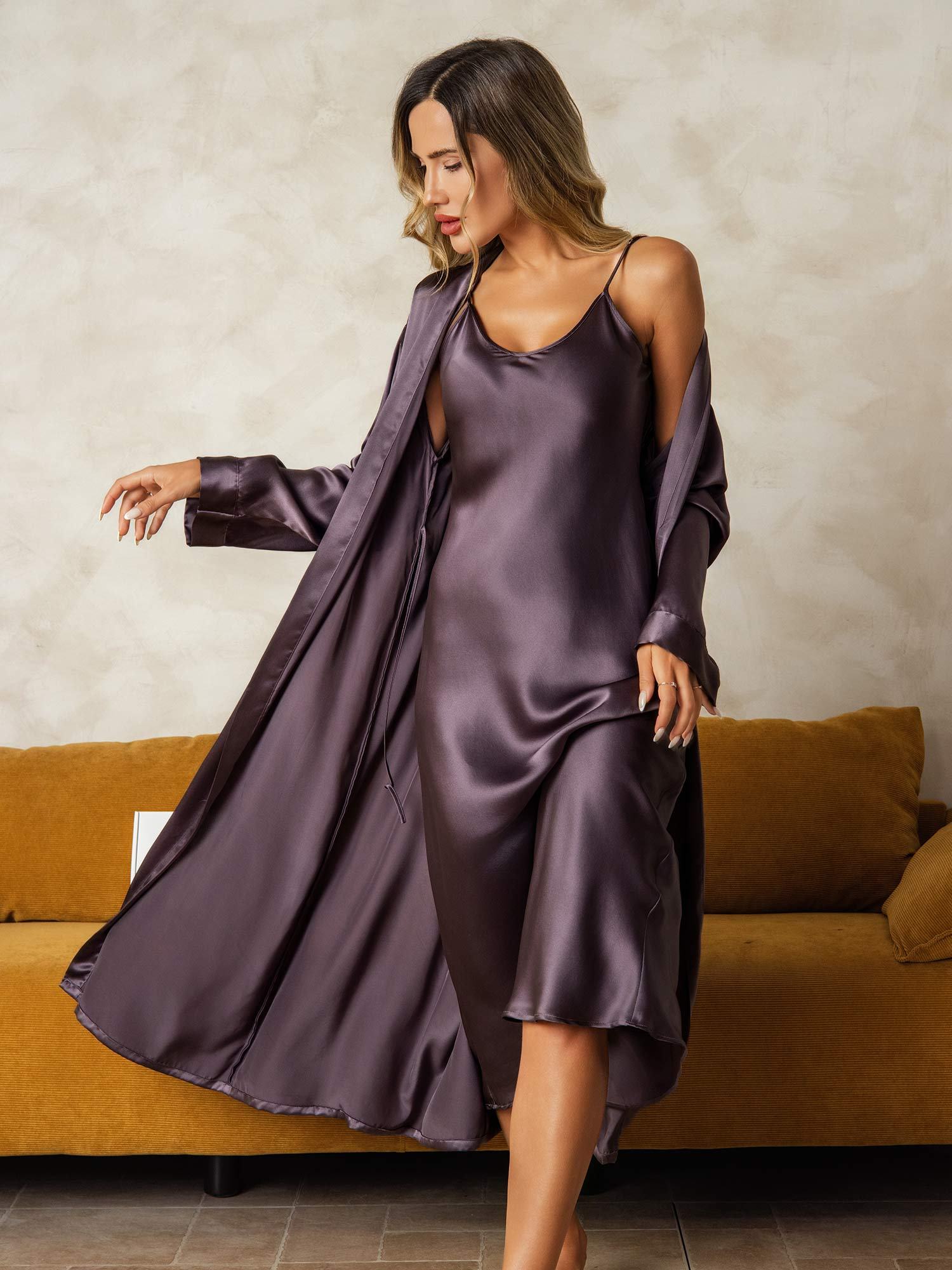 [PurpleGray] SilkSilky Pure Silk Wrap Nightgown&Robe Set 001