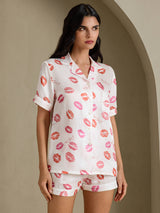 [White Lipstick] SilkSilky  Short Sleeve Notch Collar Women's Pajamas 001