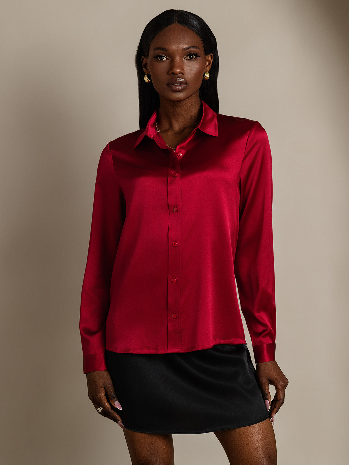 SilkSilky  19Momme Silk Long Sleeve Collar Women's Shirt Wine 003