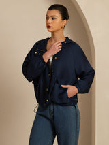 [DarkBlue] SilkSilky Silk Satin Surah Long Sleeve High Neck Women's Outerwear 005