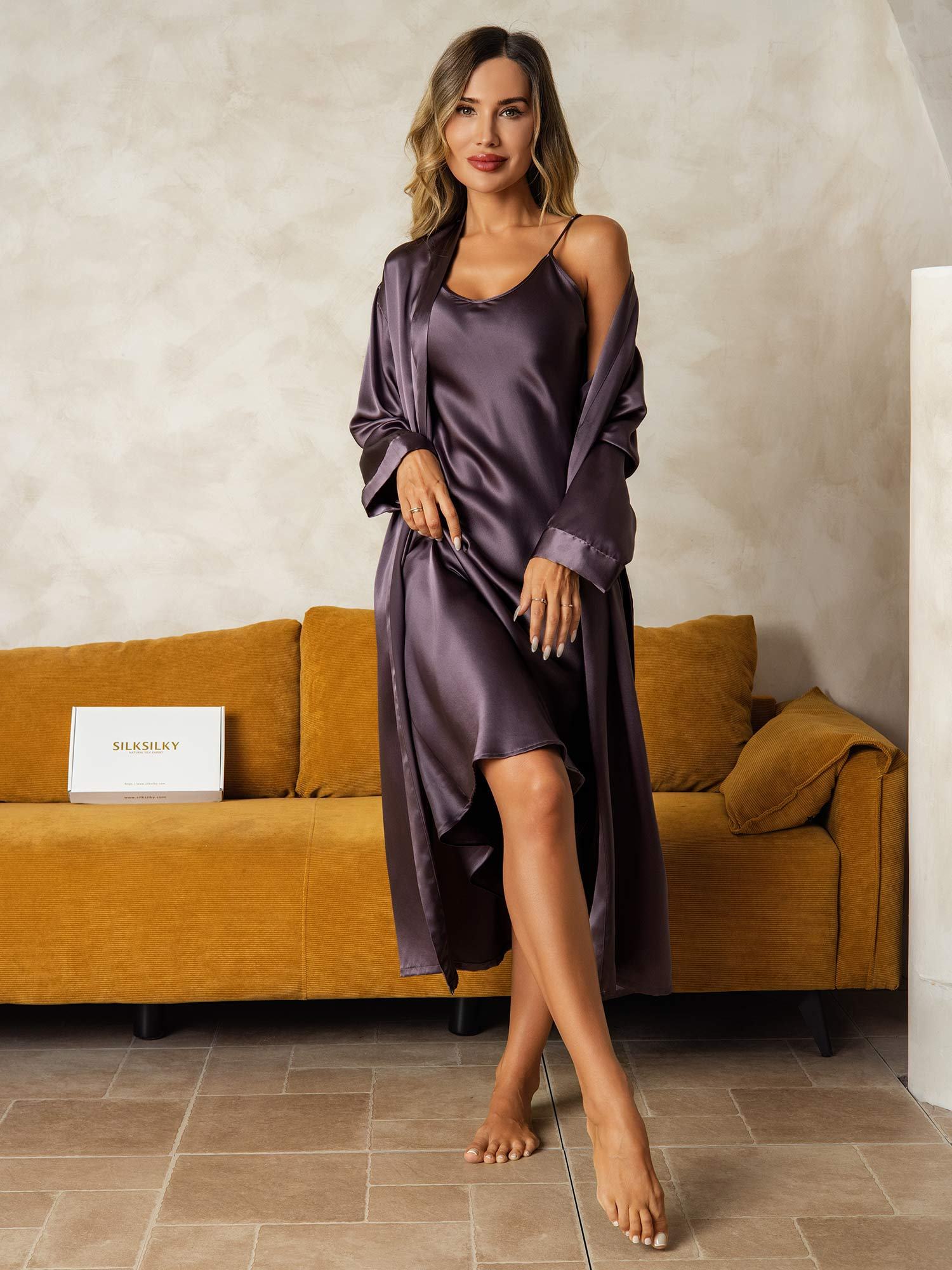 [PurpleGray] SilkSilky Pure Silk Wrap Nightgown&Robe Set 005